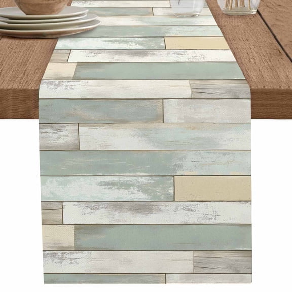 nqOlkjepod Beige Light Green Table Runner 72 Inches Long Farmhouse Dress Scarves, Farmhouse Wooden Striped Dining Tablerunner for Coffee Table/Kitchen Island/Party Décor, 18" x 72"