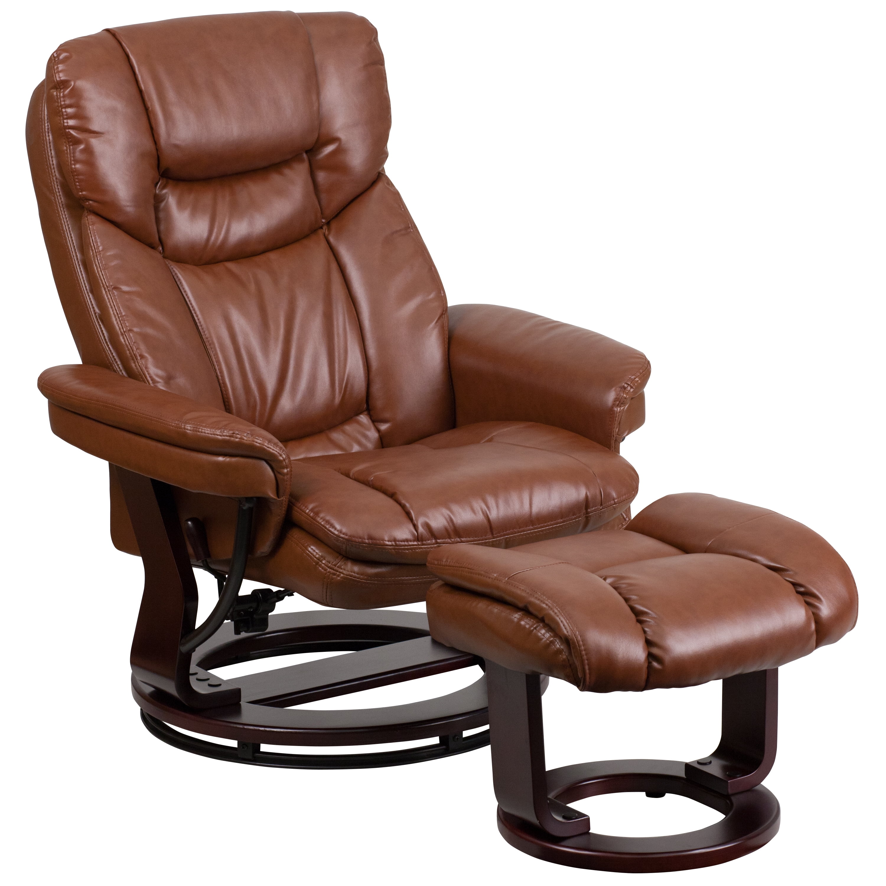 Emma + Oliver Multi-Position Recliner/Curved Ottoman - Swivel Wood Base in Vintage LeatherSoft