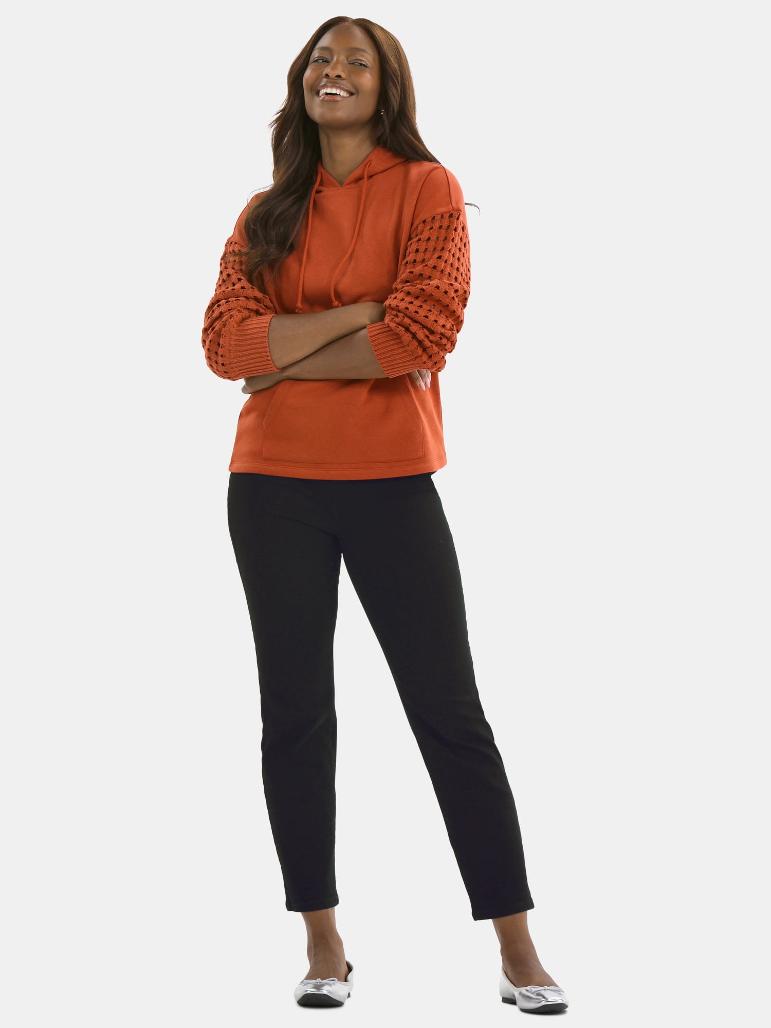 Time and Tru Women's Fleece Hoodie with Crochet Long Sleeves, Sizes XS-XXXL