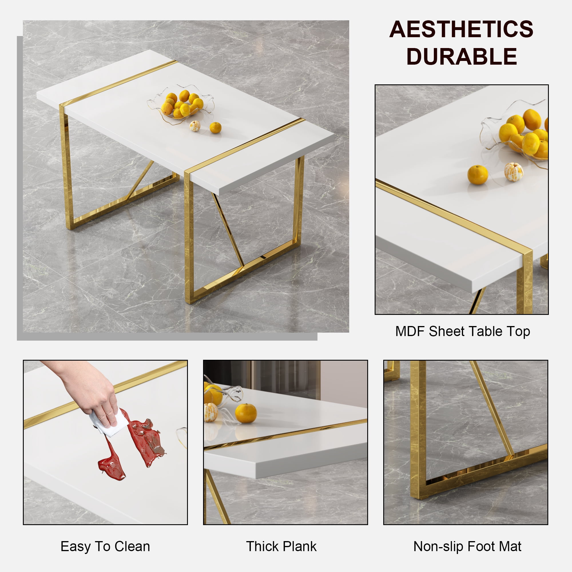 NYEESS 55 inch White Rectangular Dining Table, MDF Top with Gold Metal Frame, Modern Style for Kitchen and Dining Room