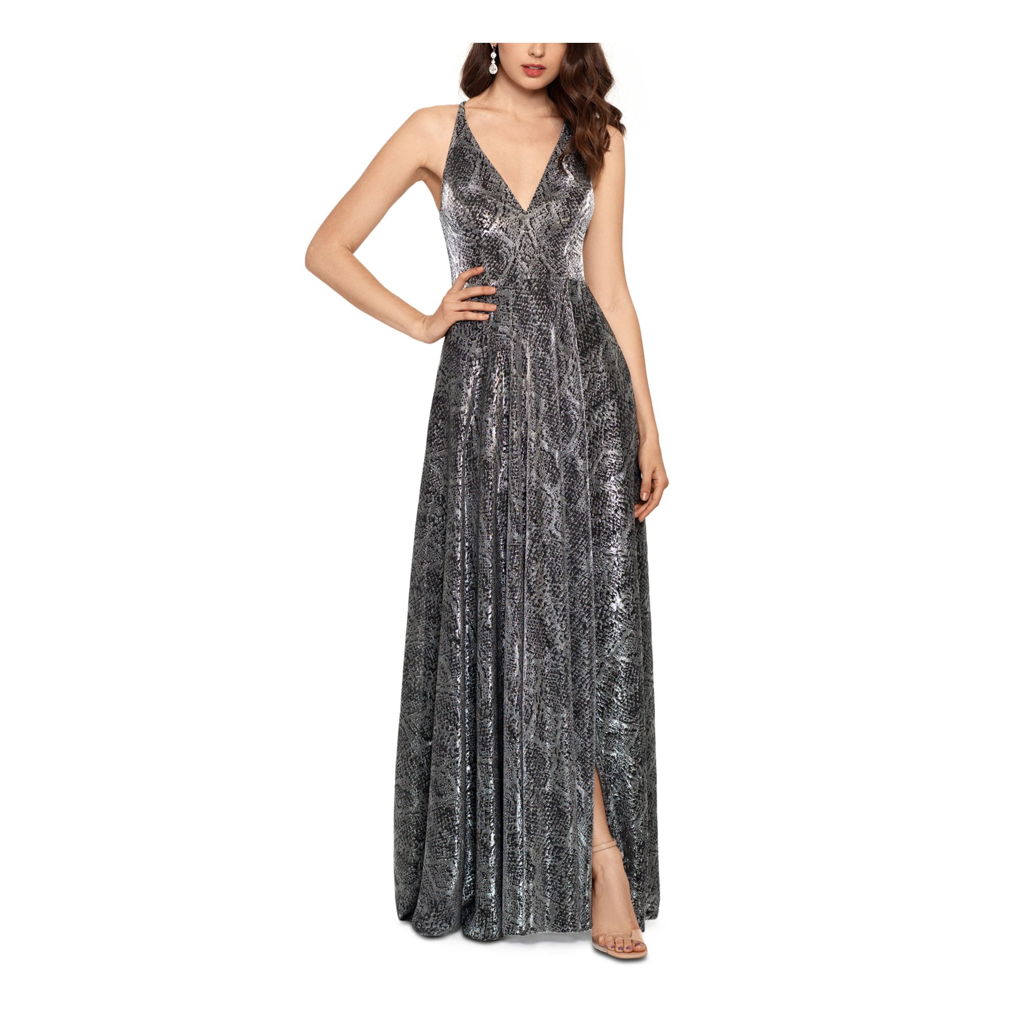 BETSY ADAM Womens Silver Zippered Slitted Metallic Gown Animal Print Spaghetti Strap V Neck Full Length Formal Fit Flare Dress 6 Walmart
