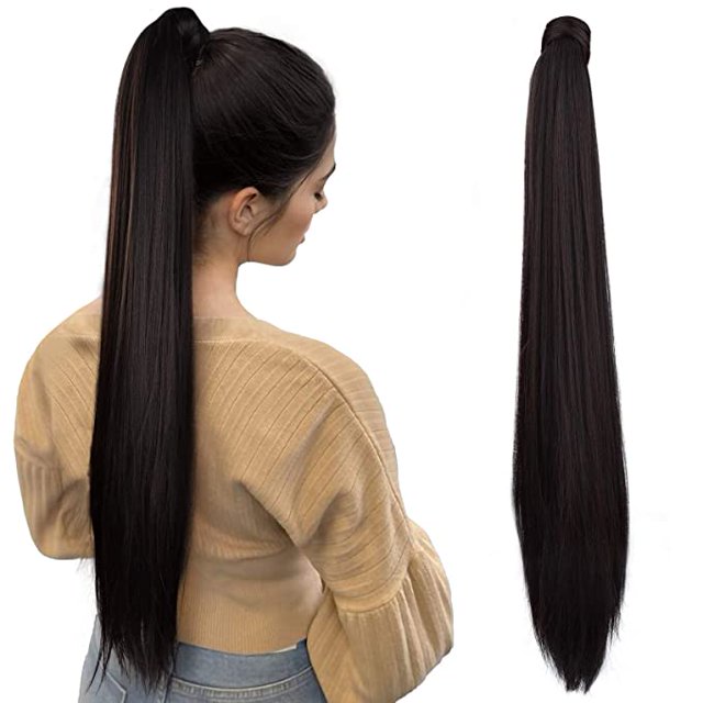 Extension Queue de Cheval à Clipser 32 Pouces, Cheveux Synthétiques Longs et Lisses pour Femmes - Brun Foncé