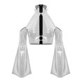 thumbnail image 3 of Yeahdor Womens Glossy Pu Crop Top Halter Off Shoulder Flared Sleeve For Clubbing Raves Silver L, 3 of 6
