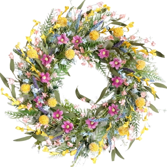 22 inch Spring Front Door Wreath, Colorful Pink Yellow Floral Garden Decor with Lavender & Forsythia Door Wreaths for Front Door Outside