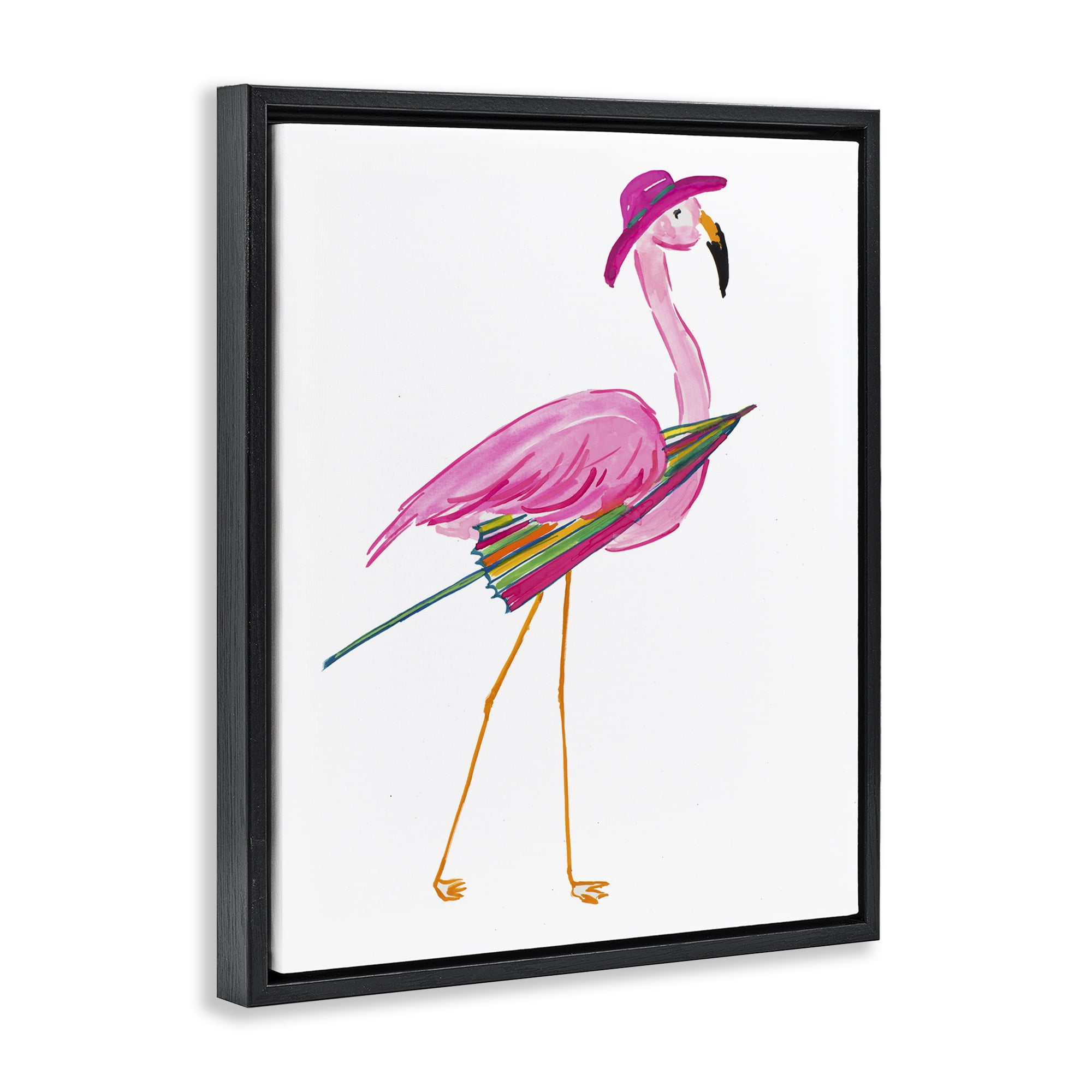 Stupell Industries Flamingo with Beach Umbrella Animals & Insects Painting Black Floater Framed Canvas Art Print Wall Art, 25 x 31