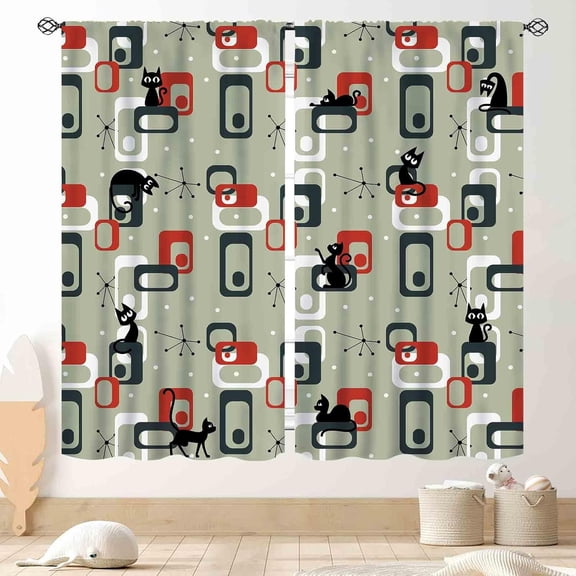 Mid Century Cat Curtains, Modern Abstract Atomic Geometric Print Lovely Black Kittey Retro 1950s 1960s Pastel Blackout Window Drapery Treatments for Living Room Bedroom Bathroom Kitchen, 84"x63" Inch