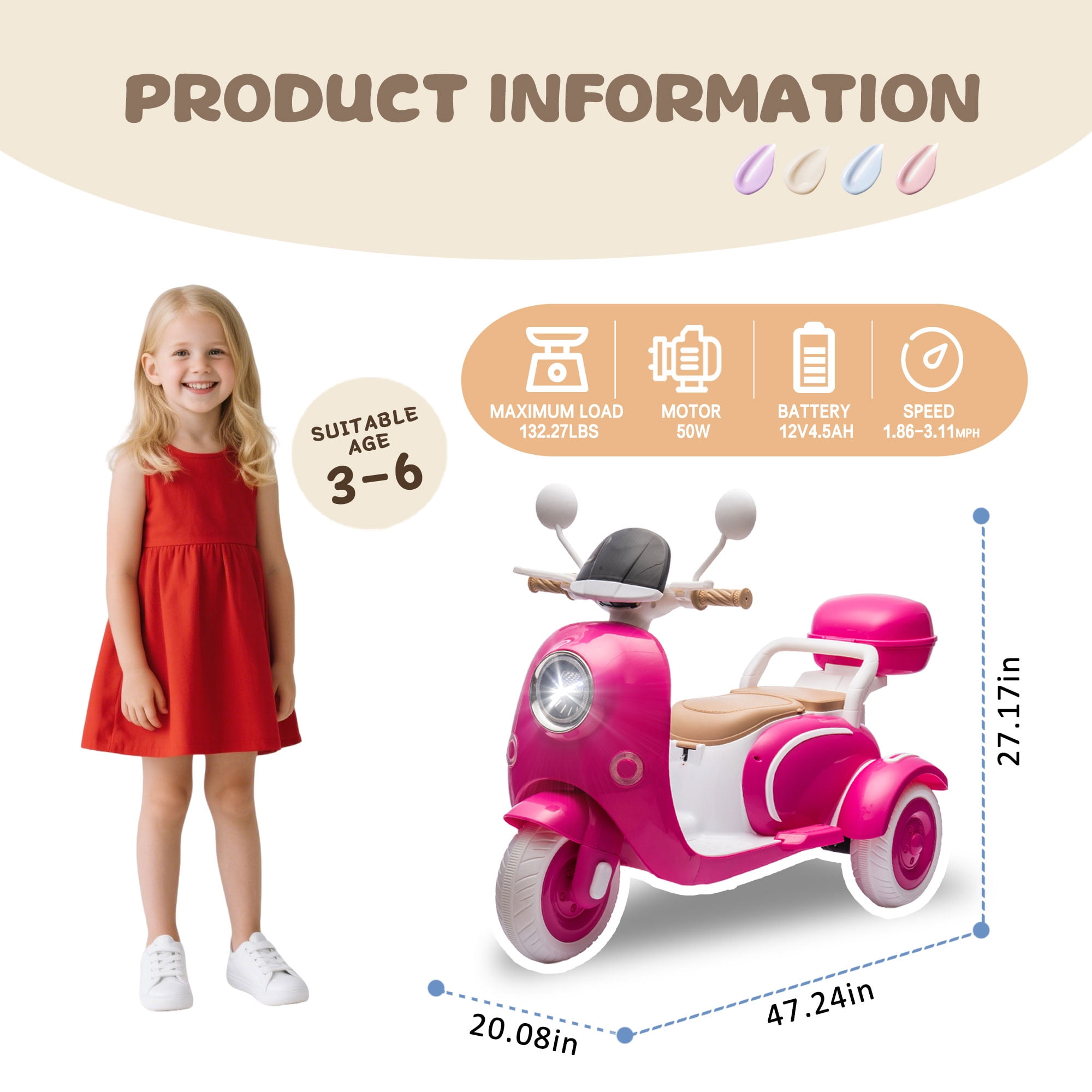 Xuanlur 12V Kids Electric Motorcycle, 3 Wheel 2 Seater Ride on Motorcycle w/Remote Control, 25W*2 Motors Electric Motorcycle w/Big Storage Box, Music, Horn, Light, Ride on Toys for Kids 3-8, Rose