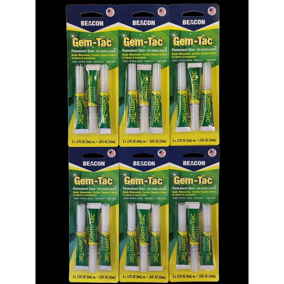 Beacon Gem-Tac Permanent Glue for Embellishing, MINI 3 Pack, 0.51 FL OZ Total, Clear - 6 PACKS