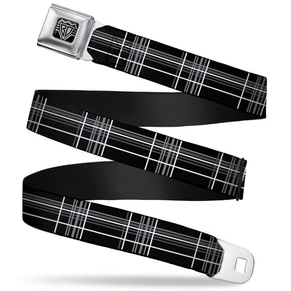 Buckle-Down Belt, Seatbelt Buckle Belt, Plaid Black Gray, 30 to 44 Inches