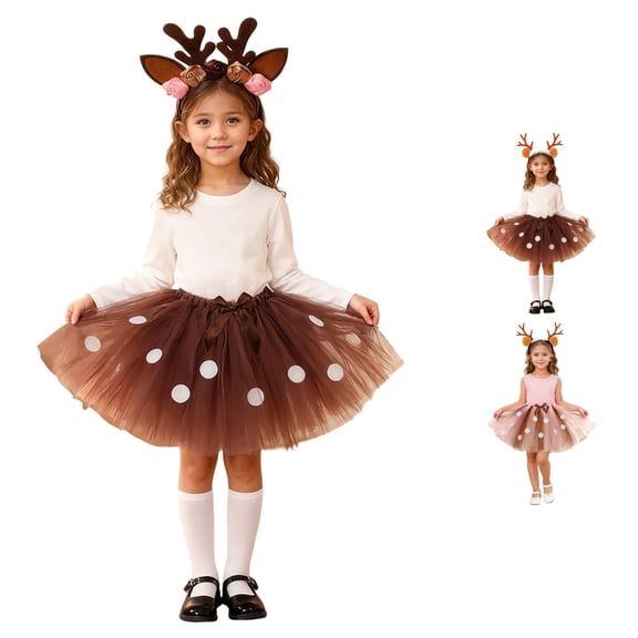 Xijirk Girls Halloween Reindeer Tutu Skirt Set with Antler Headband for Christmas Party and Dress Up,5-6 Years