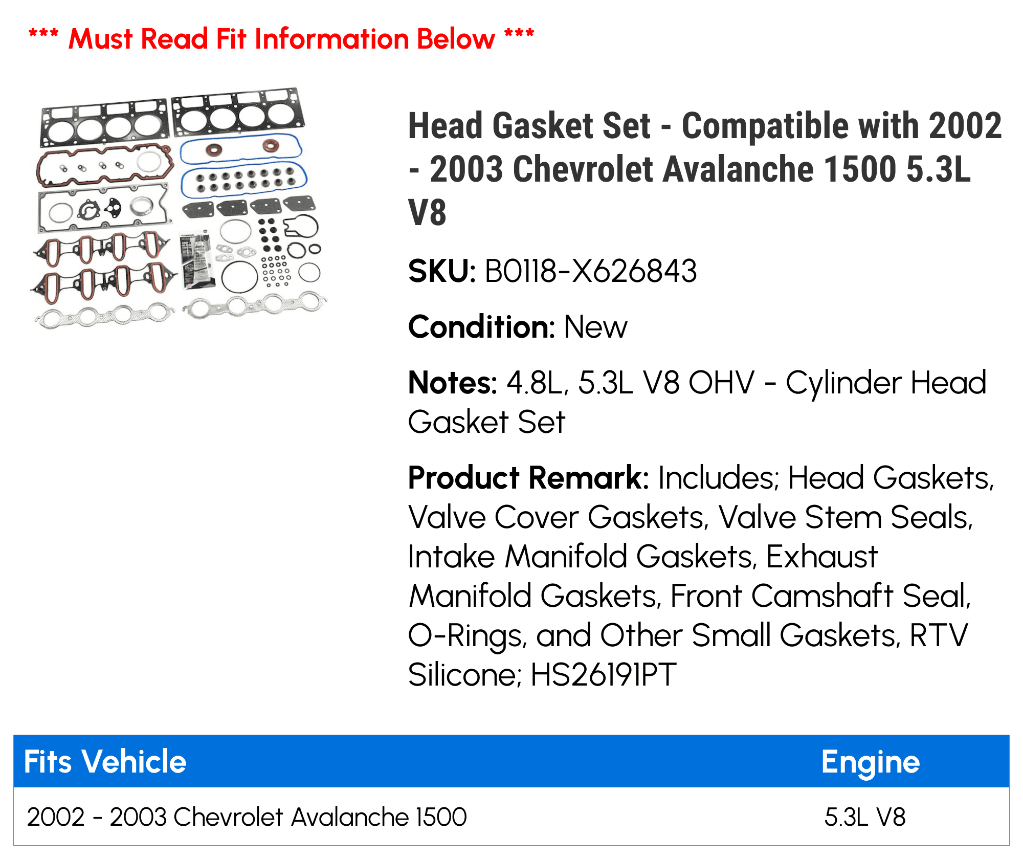 Head Gasket Set - Compatible with 2002 - 2003 Chevy Avalanche 1500 5.3L V8