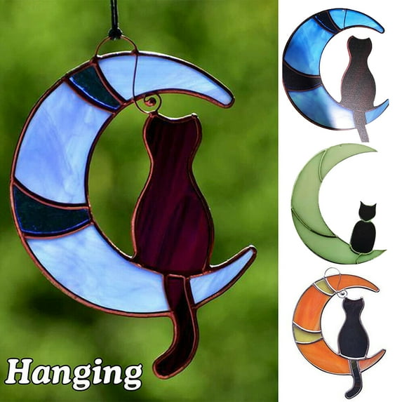 SPRING PARK Cat On The Moon Stained Glass Window Hanging Suncatcher Cat Lover Gift