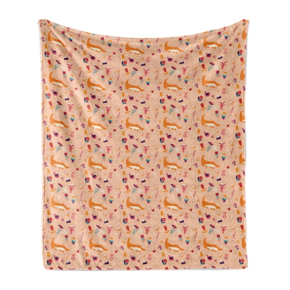 Crocodile Soft Flannel Fleece Throw Blanket, Illustration of Scattered Forest Elements Flowers Leaves and Birds, Cozy Plush for Indoor and Outdoor Use, 70" x 90", Peach and Multicolor, by Ambesonne