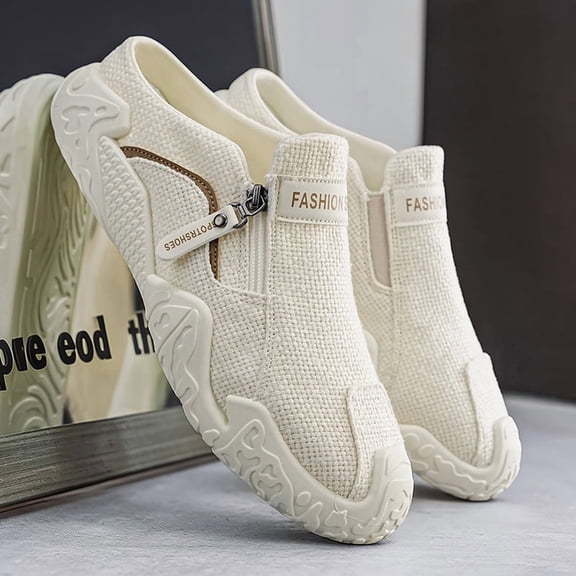 Men's Linen Fabric Zip Up Slip On Casual Shoes Lightweight Non Slip Outdoor Walking Sneakers