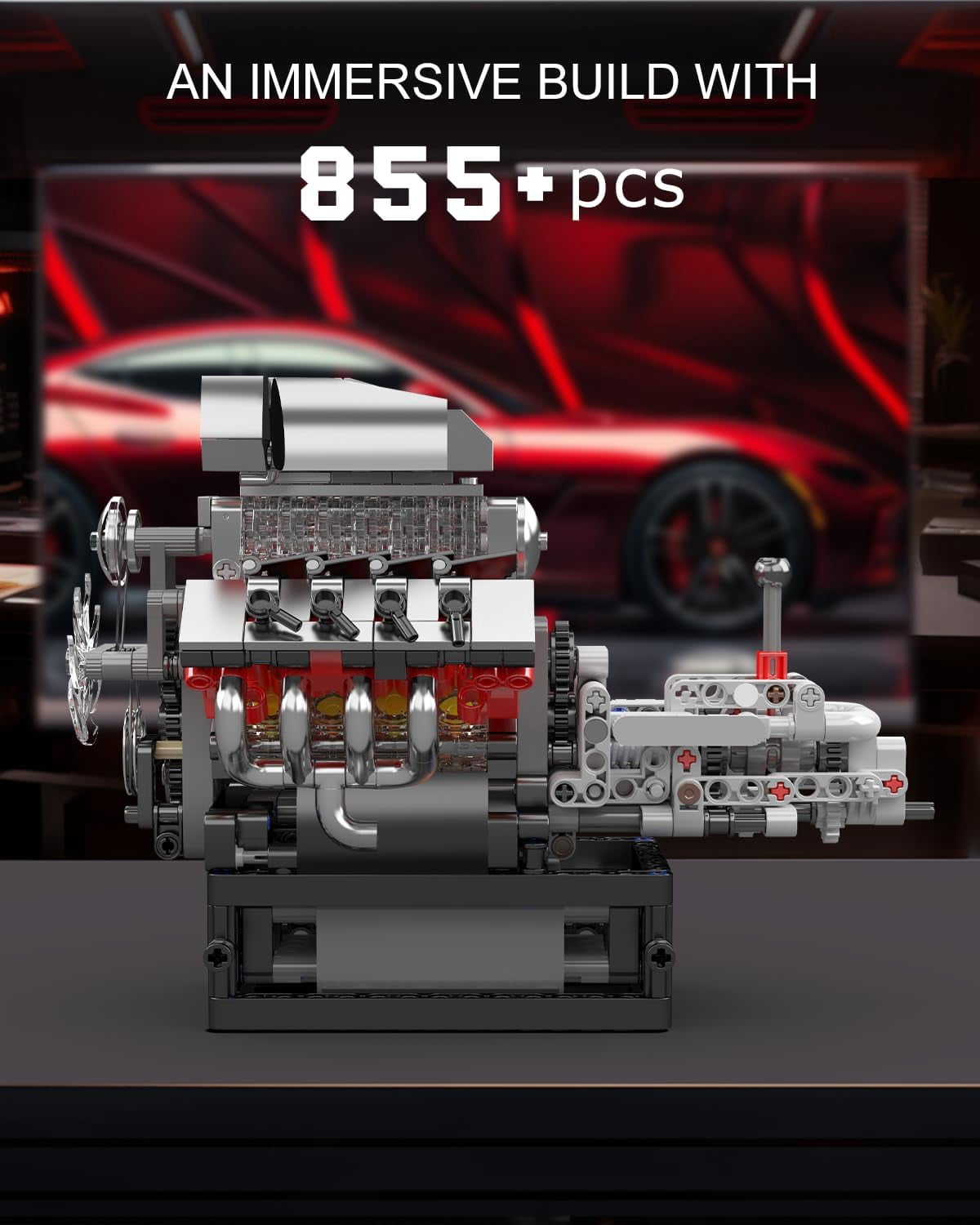 Engine Model kit That Runs- Build Your Own STEM V8 Model Engine with Transmission, 8-Cylinder Car Engine kit Building Engineering Toys for Adults Collections (855+PCS)