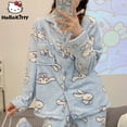 thumbnail image 2 of Sanrio-Pijama de franela de Cinnamoroll para mujer, ropa de dormir de felpa suave, cárdigan, Tops, pantalones, dibujos animados, Melody Kuromi, conjunto de 2 piezas, 2 of 4