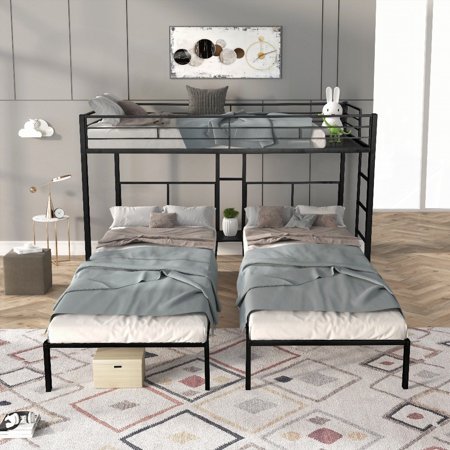 Triple Bunk Bed in Black - L-Shaped, Safe & with Extended Space