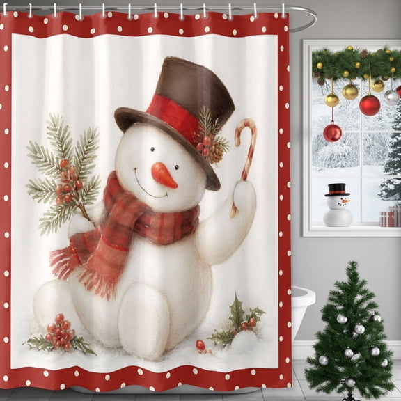 72x78 Inch Shower Curtain Christmas Snowman Bathroom Decor, Waterproof Fabric Bathtub Bath Curtains Decorative Xmas Pine Needle Berry Red Polka Dot Extra Long Shower Curtain Set with Hooks
