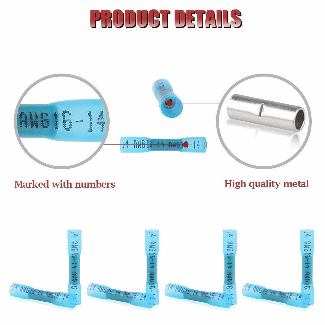 1000pcs Blue 14-16 Gauge AWG Heat Shrink Butt Wire Connectors Crimp Terminals US