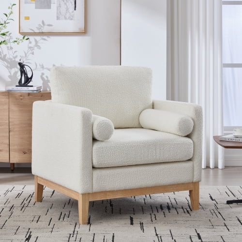 35.4 "Wide Modern Farmhouse Performance Accent Chair with Natural Wood Legs, Wood Base Reading Armchair Single Sofa with Two Bolster Pillows for Living Room offices and Lounge, Ivory Boucle.