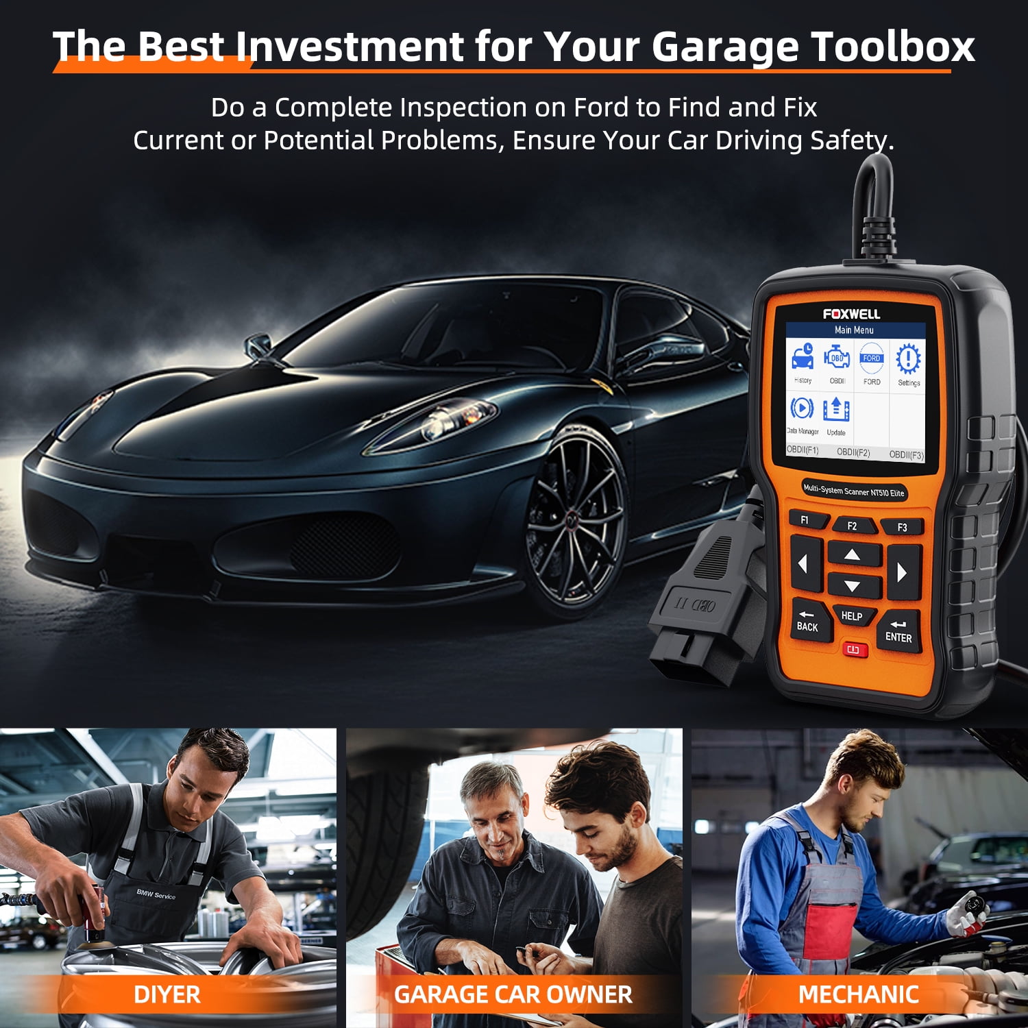 Foxwell NT510 Elite Automotive Bi-directional Diagnostic Scan Tool OBD2 Scanner Fits for Ford Lincoln Mercury Vehicles All System Scanner with ABS SAS EPB Oil Reset Service OBDII OBD Car Code Reader