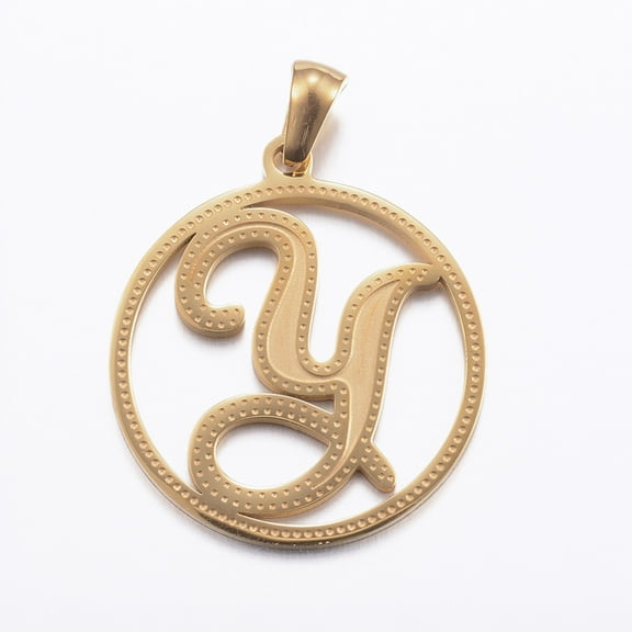 1pc Ion Plating(IP) 304 Stainless Steel Pendants Flat Round with Letter Golden Letter.Y 28x25x1.2mm Hole: 6x3.5mm