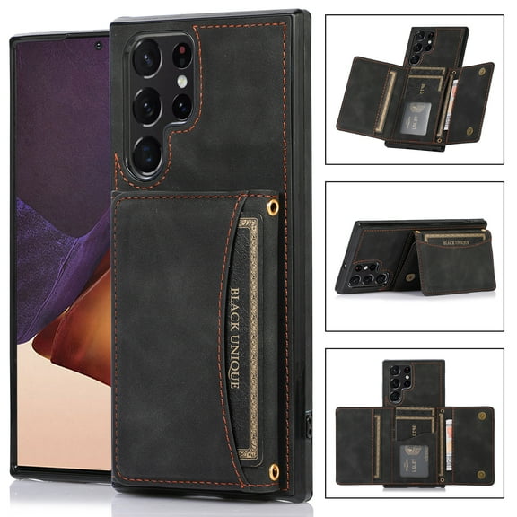 PU Leather Wallet Case for Samsung Galaxy S24 Ultra, with Credit Card Holder Cash Pocket Kickstand Matte Shockproof Business Vintage Magnetic Buttons Case Cover for Samsung Galaxy S24 Ultra, Black