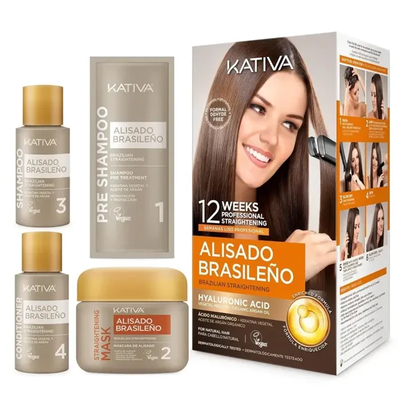 Kativa Brazilian Keratin Hair Straightening Kit – 12-Week Salon Treatment with Argan Oil, Shea Butter & Keratin – Frizz-Free, Silky, Straight Hair – Formaldehyde-Free & Safe for All Hair Types