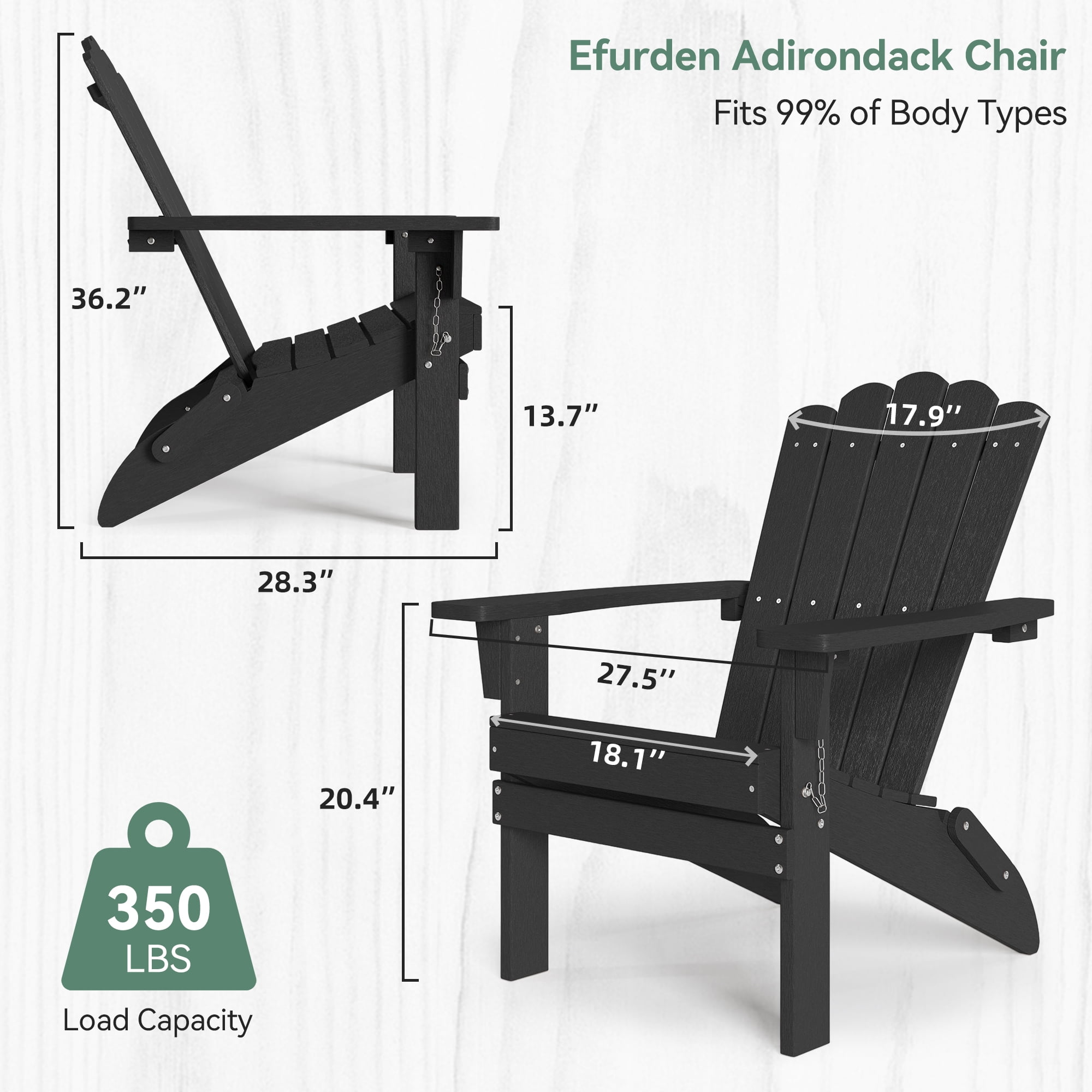 GONICHA HDPE Folding Adirondack Chair, Weather-Resistant ,Suitable for Backyard and Porches, Black