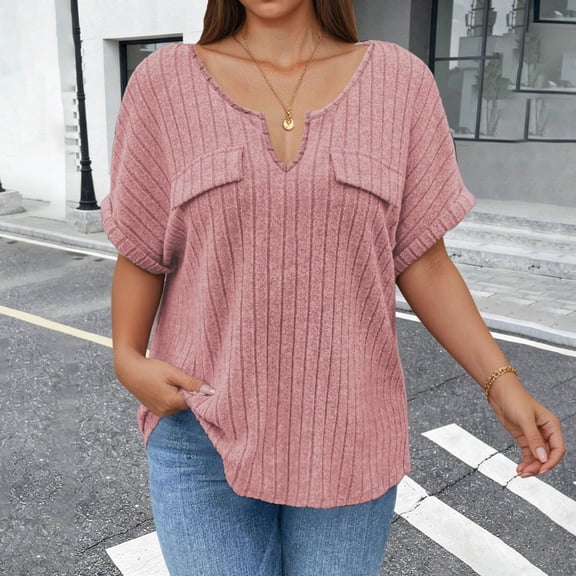 Mifsaly Womens V Neck Short Sleeve Tops Summer Ribbed Knit Oversized T Shirts Casual Loose Fit Flattering Daily Wear Soft Breathable Comfy Basic Top XXXXXL