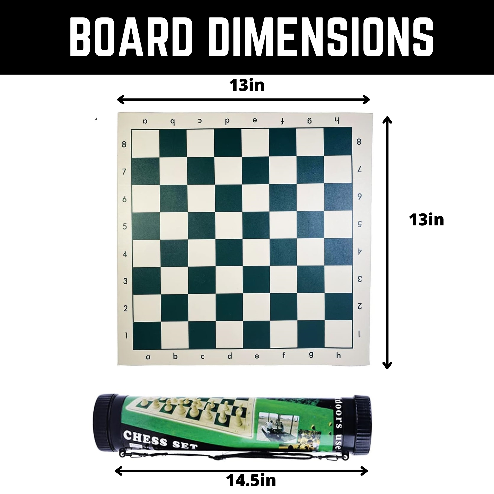 GETORIUM Tournament Chess Set, Portable and Professional Set with Travel Portable Plastic Tube Roll. Plastic Staunton Chess Pieces, Foldable Vinyl Chess Board(13x13 in, Green)