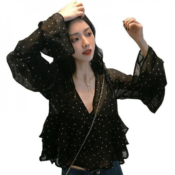 KOOYET Fashion Dot Print Women Blusa V-neck Long Trumpet Sleeve Chiffon Shirts Ladies Korean Black Blouse Casual Women