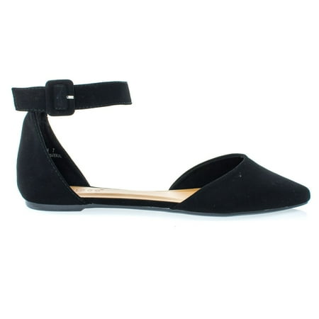 Black Open Toe Ankle Strap - #Sequel87M by Bamboo, Black Women's Pointed Toe Flat w Double Open Shank d'Orsay Cut & Ankle Strap