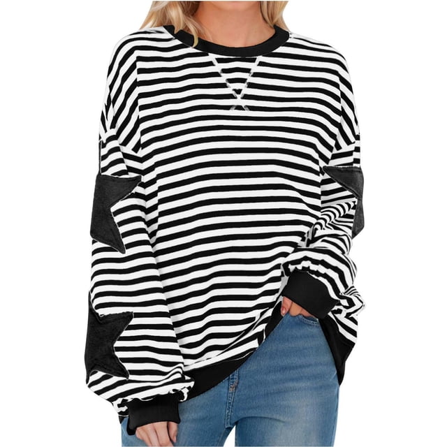 Breezora Chandail à Col Rond Surdimensionné pour Femmes à Motif d'Étoiles, Collection Automne 2025, Manches Longues, Style Preppy, Haut Léger et Confortable, Taille g, Noir