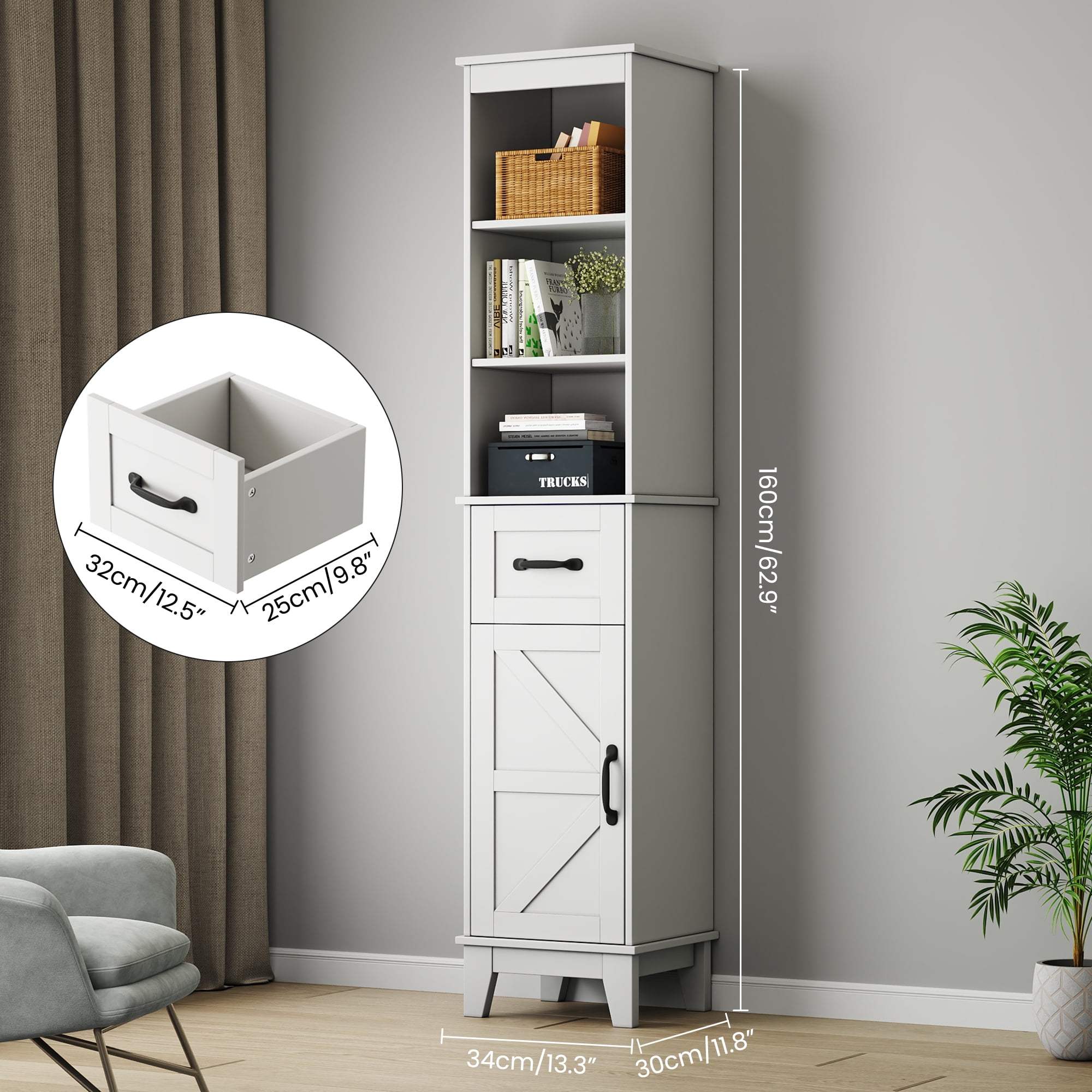 Tall Bathroom Storage Cabinet with Barn Door and Drawer, Narrow Freestanding Linen Cabinet for Bathroom, White