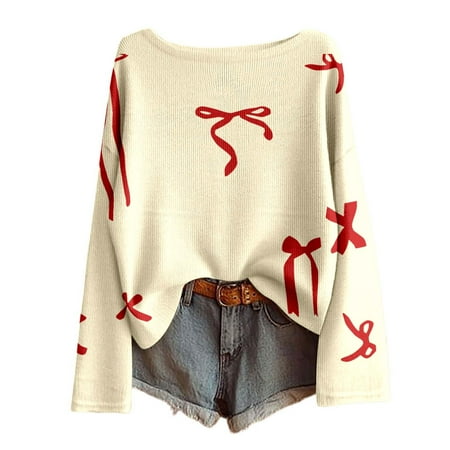 ZHOUCHANKIDS Women s Valentine s Day Hoodless Sweatshirt Valentine s Day Print Long Sleeve Knit Pullover Sweater Casual Loose Fit Crewneck Soft Comfy Blouse for Women Beige L