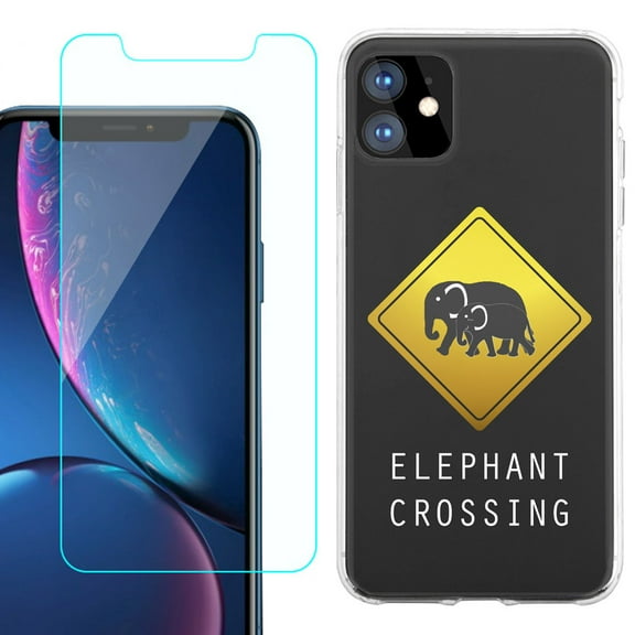 For Apple iPhone 11 Case , Slim-Fit TPU Protective Phone Case with Tempered Glass Screen Protector, by OneToughShield ® - Road Sign Elephant