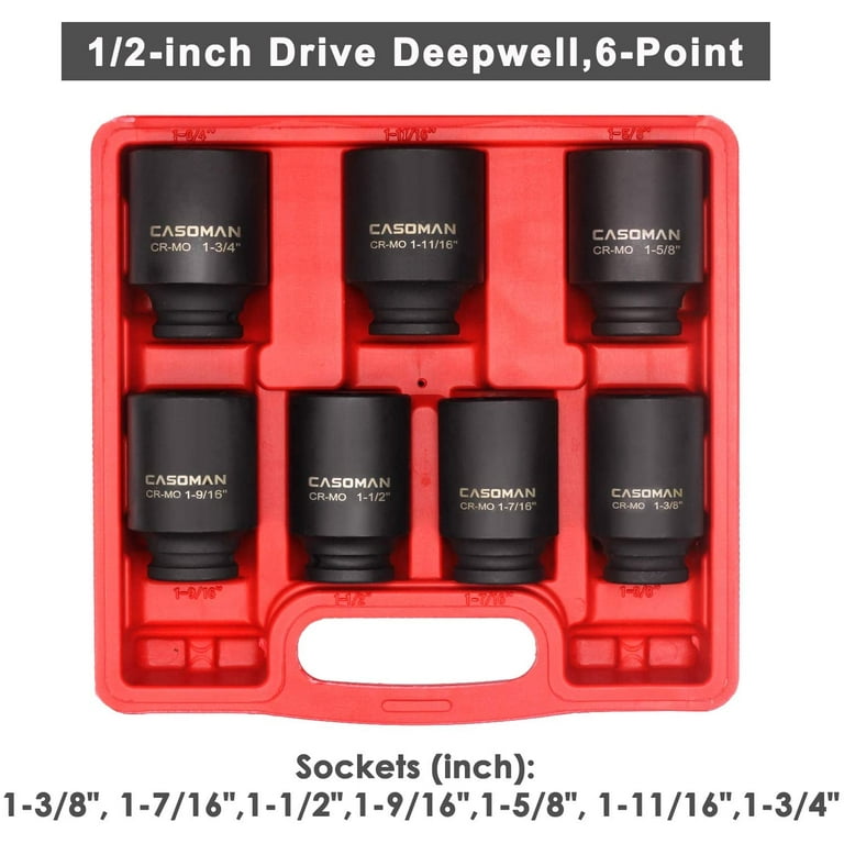 CASOMAN Auto Repair Tools 1/2-inch Drive Deep Spindle Axle Nut Impact  Socket Set, Cr-Mo, 6-Point, 1-3/8-inch - 1-3/4-inch, 7 Piece Axle Socket Set