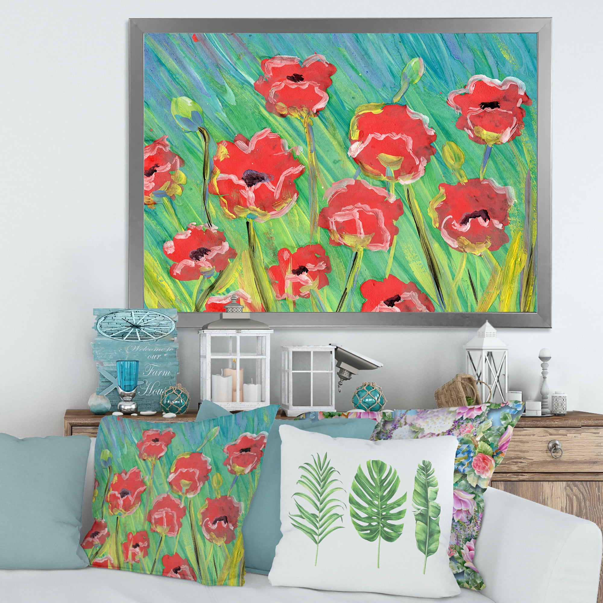 Designart 'Gouache Of Blooming Red Poppies' Traditional Framed Art Print