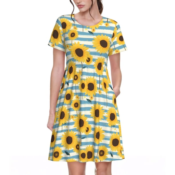Balery Blue White Striped Sunflower A Vestidos sueltos de manga corta para mujer, vestidos de verano 2025, vestidos casuales de corte A con vuelo.
