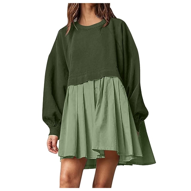 RKSTN Womens Fall Dresses 2023 Mode Décontractée Robe Chandail en Molleton Patchwork Couleur Grande Taille Manches Longues Col Rond Mini Robes Fluides