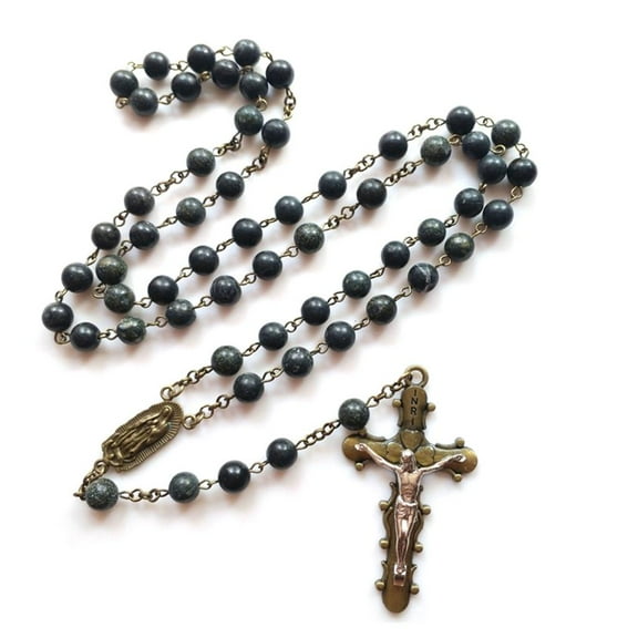 Tizuqe Natural Green Border Stone Beads Cross Pendant Rosary Necklace Religious Prayer