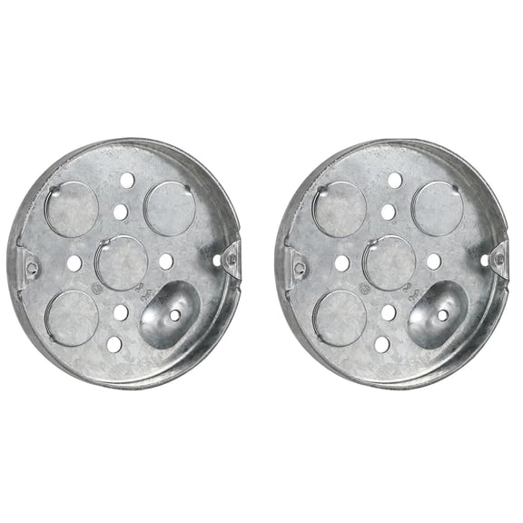 Two Galvanized Steel Round Shallow Electrical Box,Drawn Construction, Metal Pancake Box for Outlets with 4 inch Diameter,1/2" Deep,4 * 1/2" Bottom Knockouts,Thickness 1.6mm