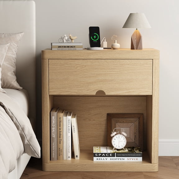 IDEALSOUL Nightstand with Charging Station, 24inch Bedside Table with Curved Top Corners, Crescent Shaped Buckle, Wooden End Table for Bedroom Living Room (1pcs, Wood color)