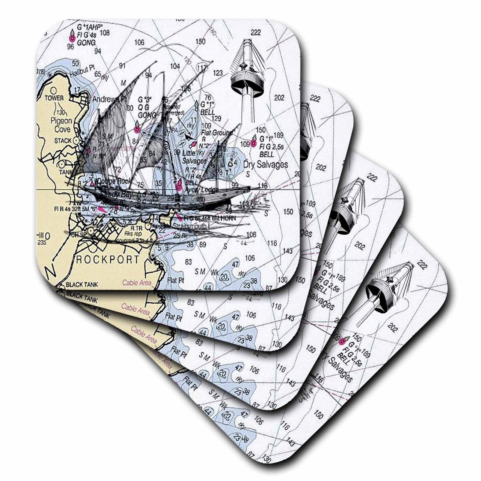 Print of Rockport Maine With Ghost Ship Chart set of 8 Coasters Soft