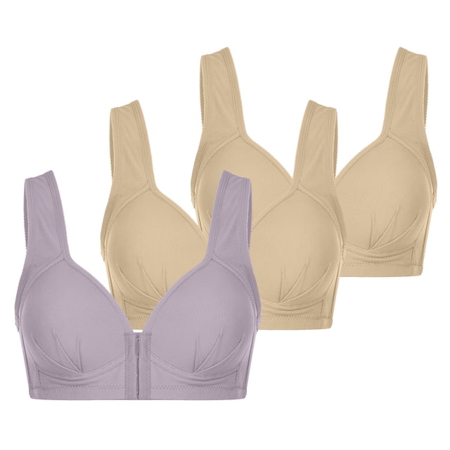 Timegard Womens 3pc Front Closure Bras Full Coverage Ruched Underwear Comfort Everyday Bras Solid Color