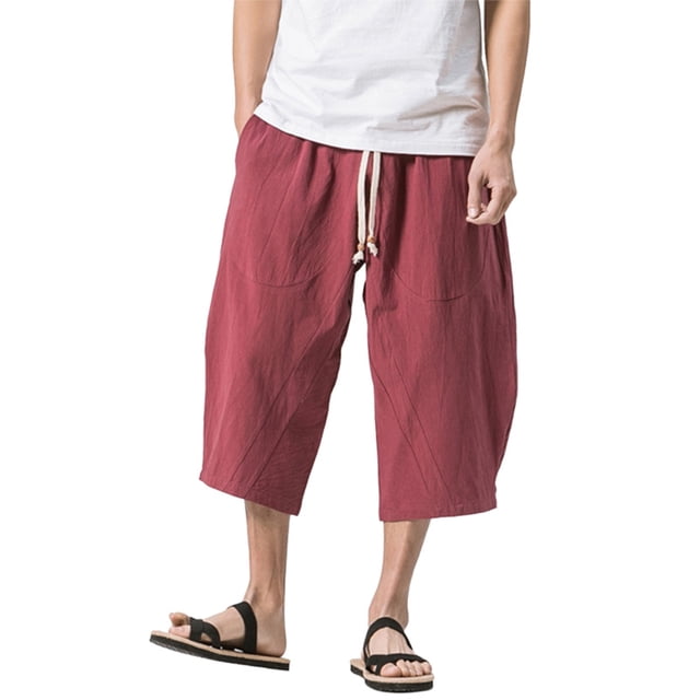 MAWCLOS Men Trousers Elastic Waist Bottoms Solid Color Pants Fitted Running Drawstring Loungewear Wine Red XL