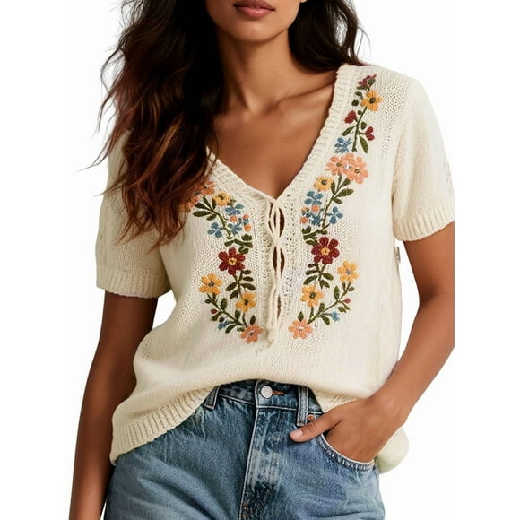 Short Sleeve Sweater for Women Retro Floral Mexican Embroidered Top Summer Tie Front V Neck Boho Peasant Blouse White L