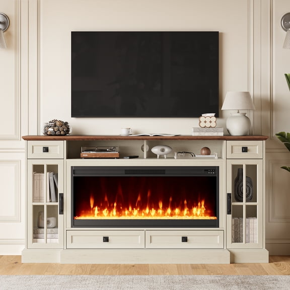 OKD TV Stand with Fireplace for 80 inch TVs, Farmhouse Entertainment Center with Storage, Antique White