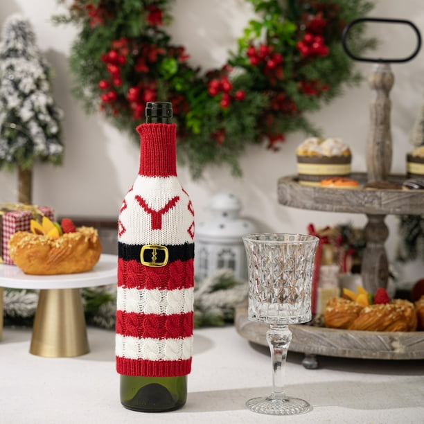 Funda tejida para botella de vino con letras del alfabeto, a rayas rojas y blancas, 26 letras para decorar botellas de vino.